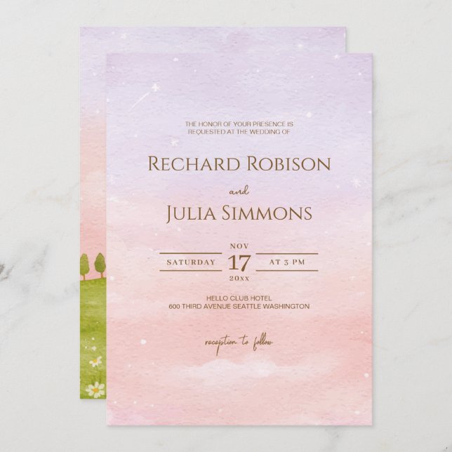 Convite de Casamento LILAC/Cor de Água Rosa Púrpur (Frente/Verso)