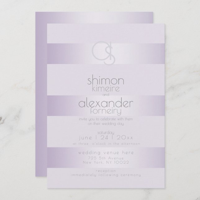 Convite De Casamento | Lilac Shimmer Stripe Monogr (Frente/Verso)