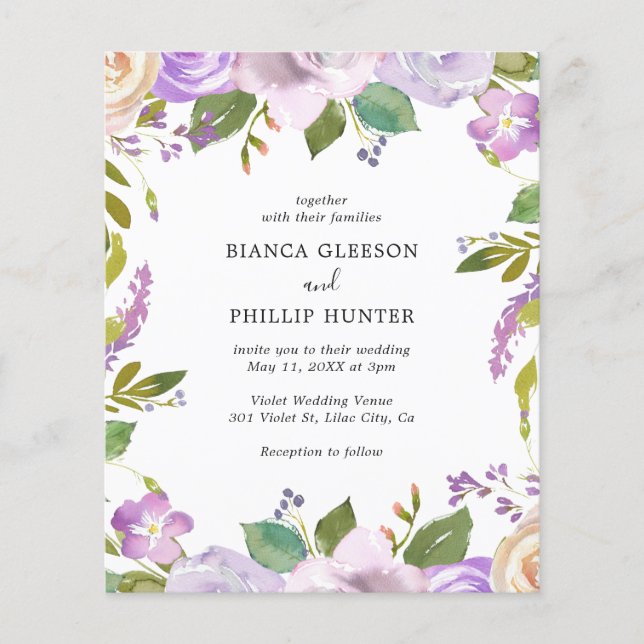 Convite de Casamento Lilás Aquarela Floral Econômi (Frente)