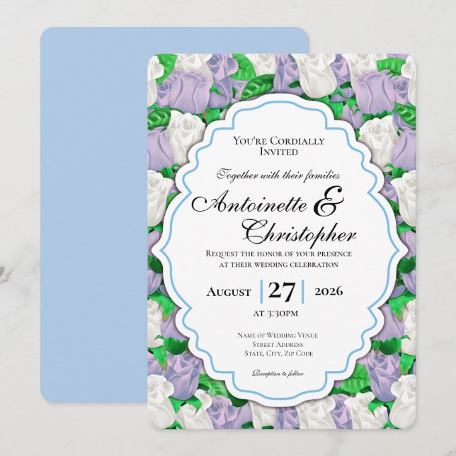 Convite de Casamento Lilás e Rosa Branca com Borda (Frente/Verso)