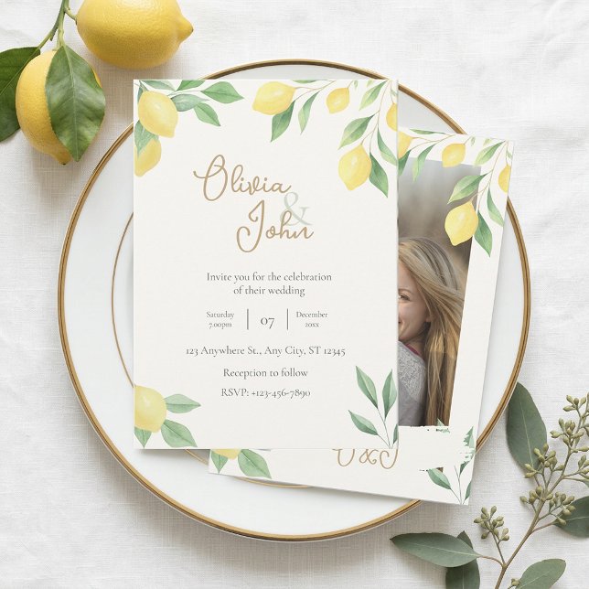 Convite de Casamento Limão Verde Cítrico Foto Fund (Citrus Green Lemon Wedding Invitation Photo Back)