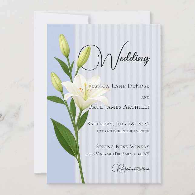Convite de Casamento Lírio Branco Listrado Azul Su (Frente)