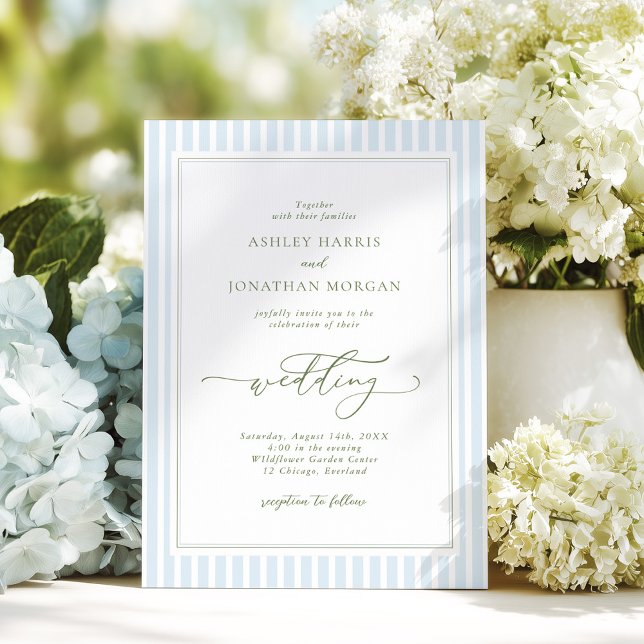 Convite de Casamento Listrado Azul e Sage Elegante (Criador carregado)