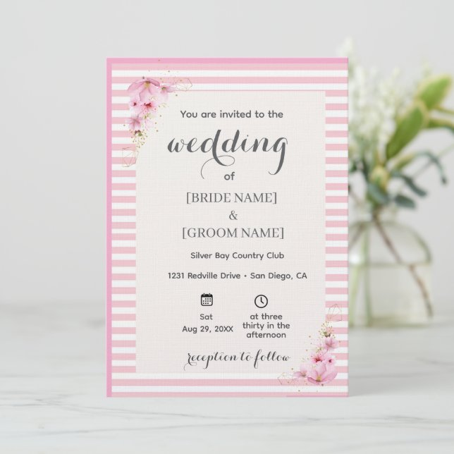 Convite de Casamento Listrado Floral Rosa (Em pé/Frente)