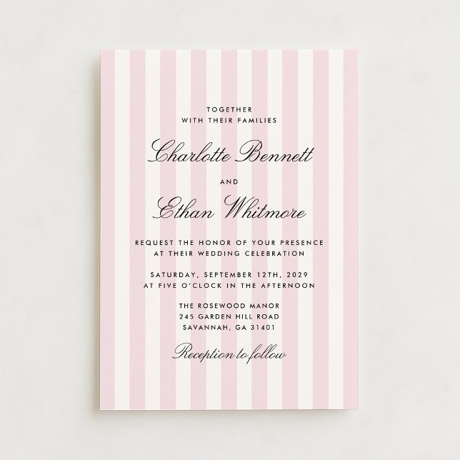 Convite de Casamento Listrado Moderno Rosa e Creme (Criador carregado)