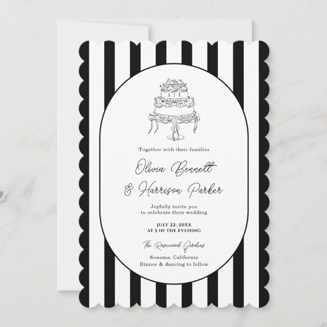 Convite de Casamento Listrado Preto e Branco com R (Frente)
