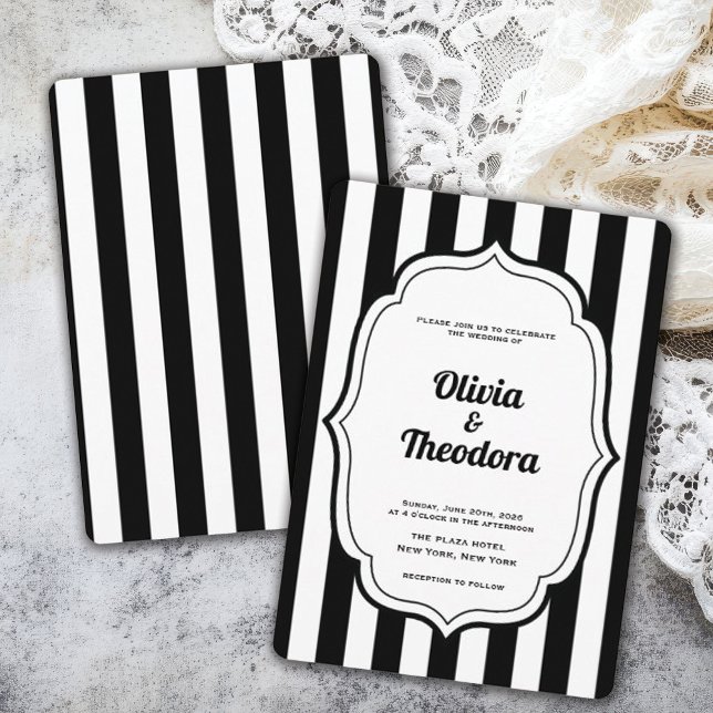 Convite de Casamento Listrado Vintage Moderno (vintage modern elegant black and white stripe wedding invitation)