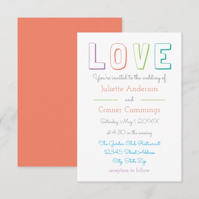 Convite de Casamento LOVE pastel - 3x5 (Frente/Verso)