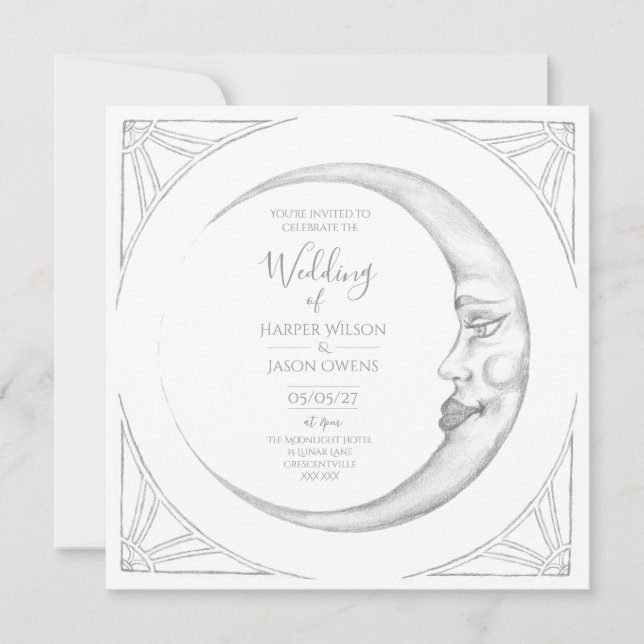 Convite de Casamento Lua Art Déco Desenhado à Mão (Frente)