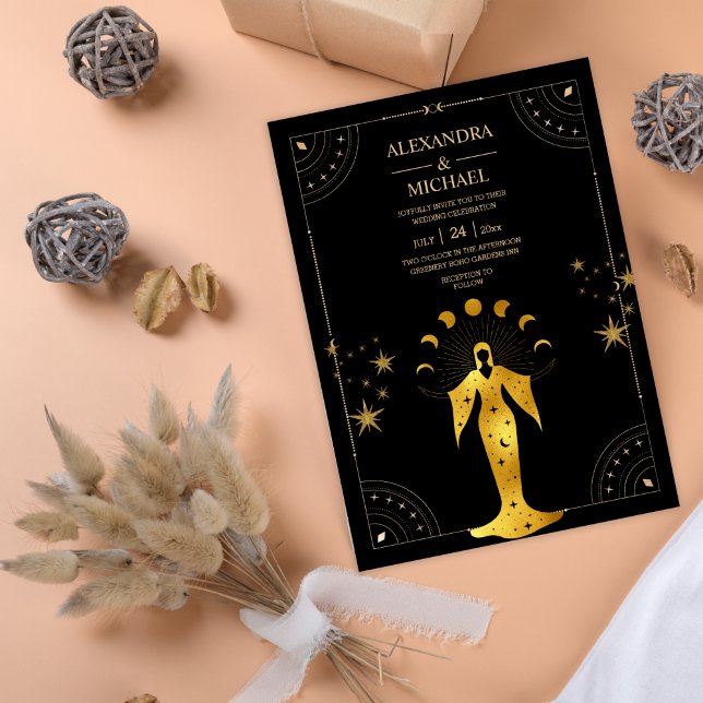 Convite de Casamento Lua Celestial Ouro Preto Míst (Criador carregado)