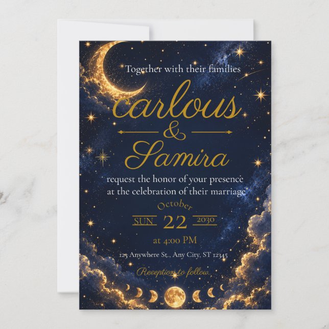 Convite de Casamento Lua Crescente Romântica  (Frente)
