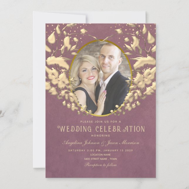 Convite de Casamento Luxo Dourado e Roxo (Frente)