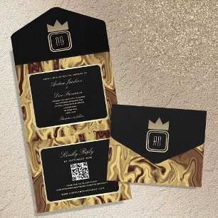 Convite de Casamento Luxo Mármore Dourado Preto Mo
