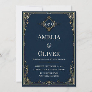 Convite de Casamento Luxo Navy Dourado Art Déco Mo