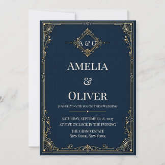 Convite de Casamento Luxo Navy Dourado Art Déco Mo