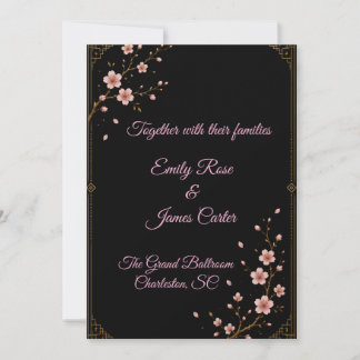 Convite de Casamento Luxo Preto Ouro & Sakura