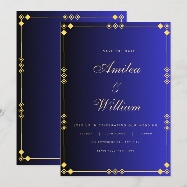 Convite de Casamento Luxuoso Azul e Dourado – Eleg (Frente/Verso)