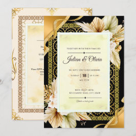 Convite de Casamento Luxuoso Boho Preto e Dourado