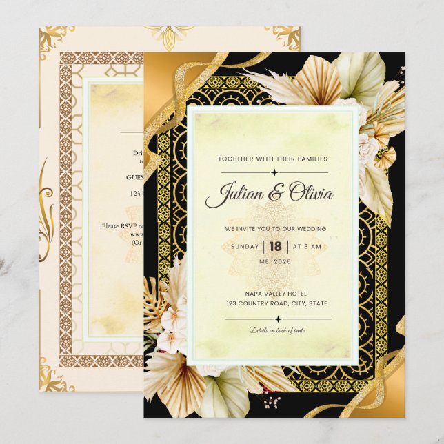 Convite de Casamento Luxuoso Boho Preto e Dourado (Frente/Verso)