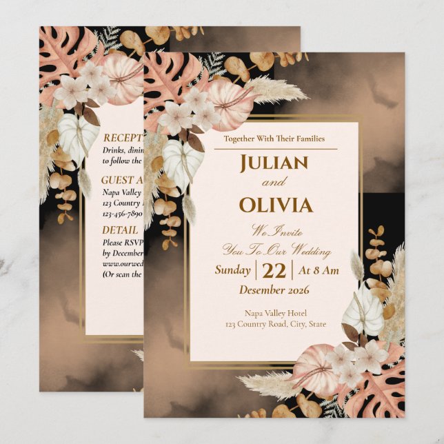 Convite de Casamento Luxuoso Boho Preto e Marrom (Frente/Verso)