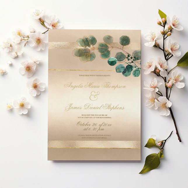 Convite de casamento luxuoso dourado com folhas ve (Luxury gold green eucalyptus leaves wedding)