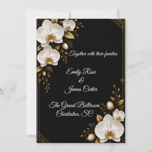 Convite de Casamento Luxuoso Preto Dourado & Orquí
