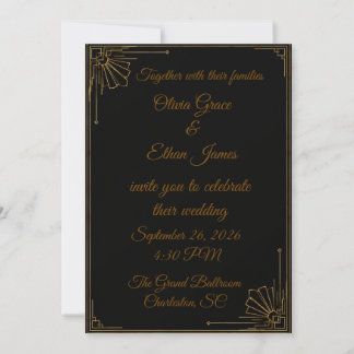 Convite de Casamento Luxuoso Preto e Dourado Art D