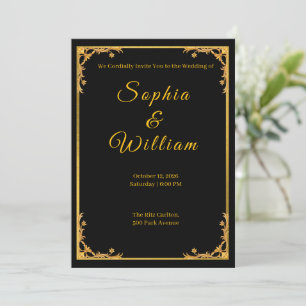 Convite de Casamento Luxuoso Preto e Dourado com E