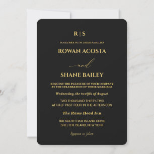 Convite de Casamento Luxuoso Preto e Dourado com M
