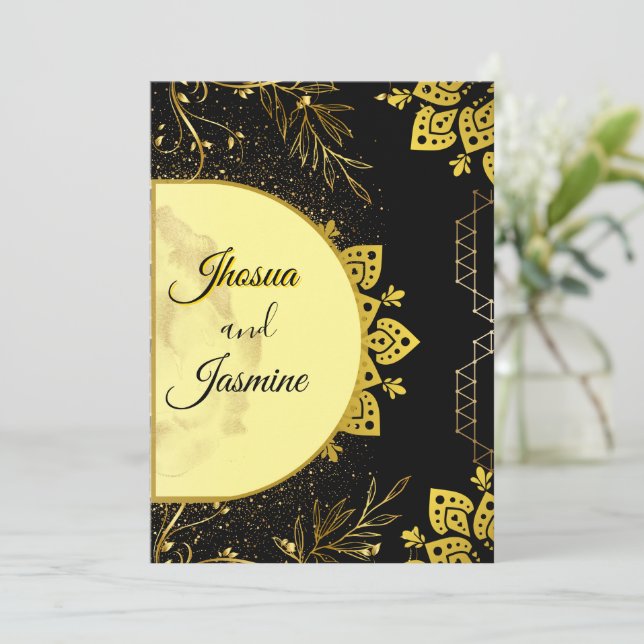 Convite de Casamento Luxuoso Preto e Dourado com M (Em pé/Frente)