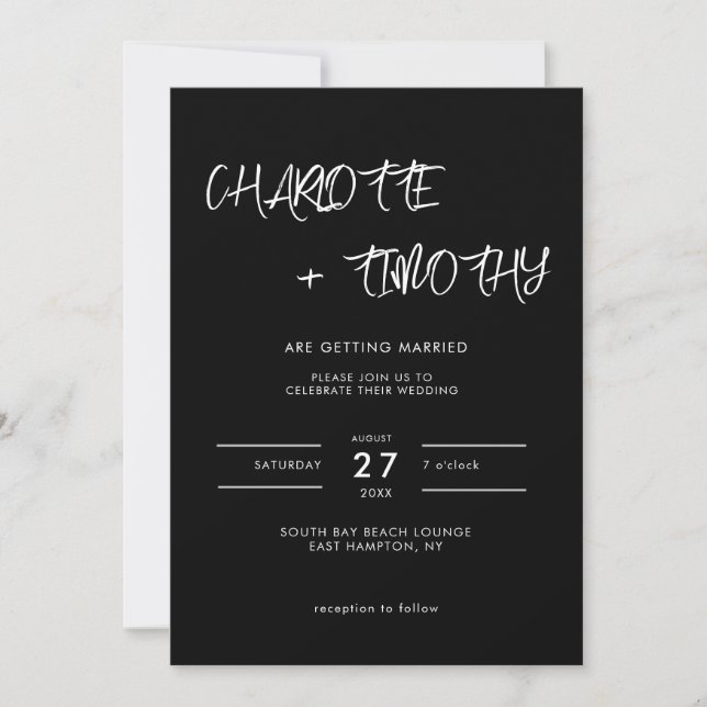 Convite de Casamento Luxuoso Preto Moderno Script (Frente)