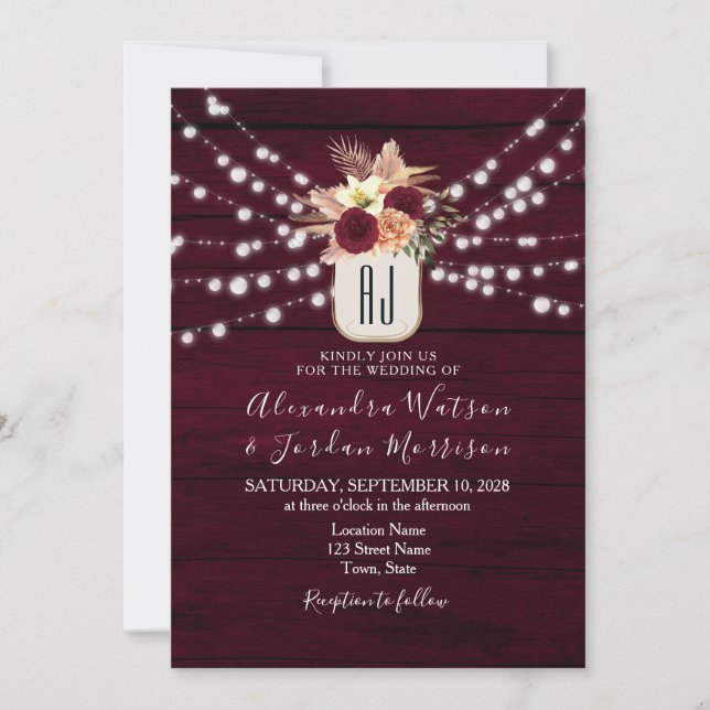 Convite de Casamento Luzes de Corda Burgundy Rústi (Frente)