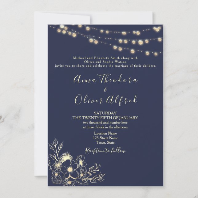 Convite de Casamento Luzes de Corda Douradas Azul  (Frente)