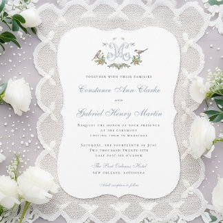 Convite de Casamento "M" Monograma Love Birds