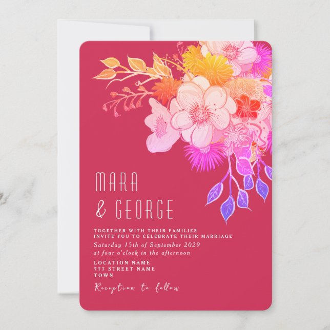 Convite de Casamento Magenta Floral Vibrante (Frente)