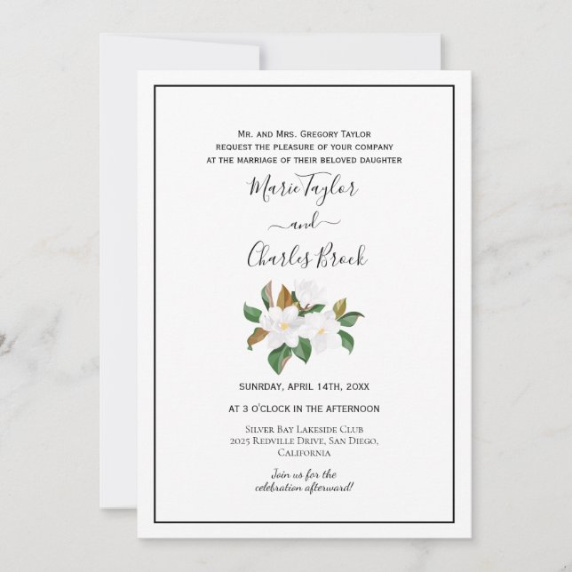 Convite de Casamento Magnólia Bege e Branco (Frente)