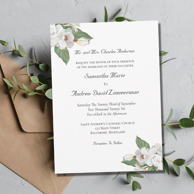 Convite de Casamento Magnólia Flores Brancas Verdu (Criador carregado)