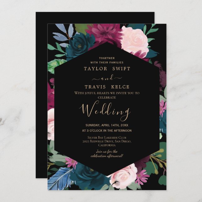 Convite de Casamento Magnólia Ouro Preto (Frente/Verso)