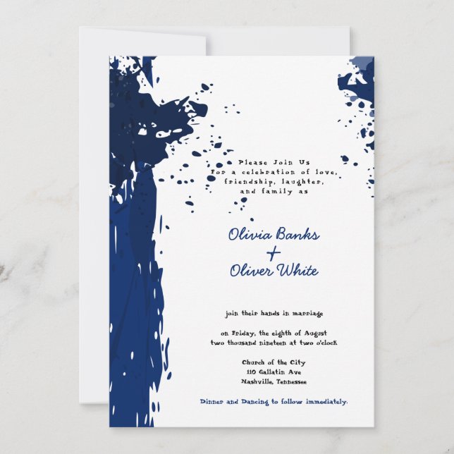 Convite de Casamento - Mancha de Tinta Azul Real (Frente)