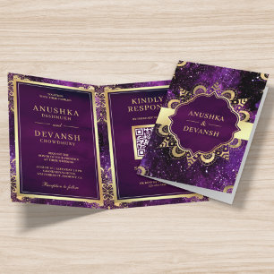 Convite de Casamento Mandala Dourada Galáxia Roxa 