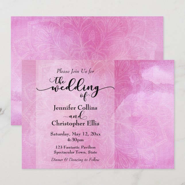 Convite de Casamento Mandala em Aquarela Rosa Prof (Frente/Verso)