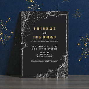 Convite de Casamento Mapa Antigo Dourado em Preto