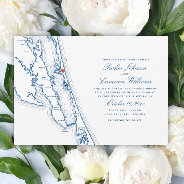 Convite de Casamento Mapa da Corolla NC Azul Naval (Corolla NC Map Outer Banks Wedding Invitation in Elegant Navy Blue by Coastal Map Designs)