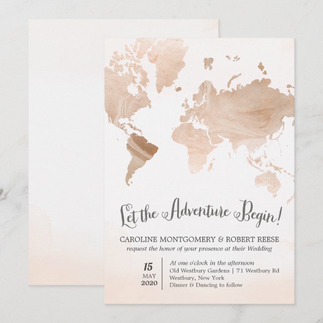 Convite de Casamento Mapa de Mármore Aquarela Viag (Frente/Verso)
