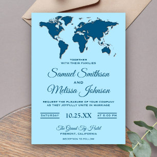 Convite de Casamento Mapa Mundial Azul Moderno