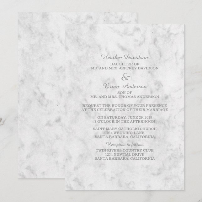 Convite de casamento Marble Elegante da cinza (Frente/Verso)