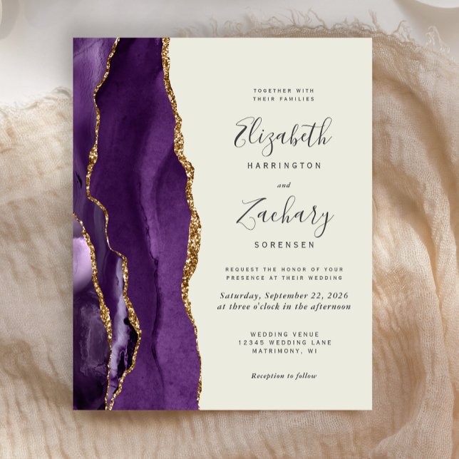 Convite de Casamento Marfim Ágata Roxo Dourado Orç (Criador carregado)