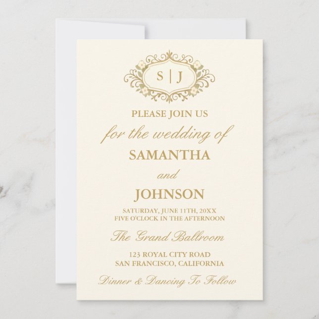 Convite de Casamento Marfim Antigo Monograma Sala  (Frente)
