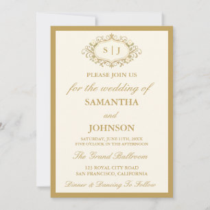 Convite de Casamento Marfim Antigo Monograma Sala
