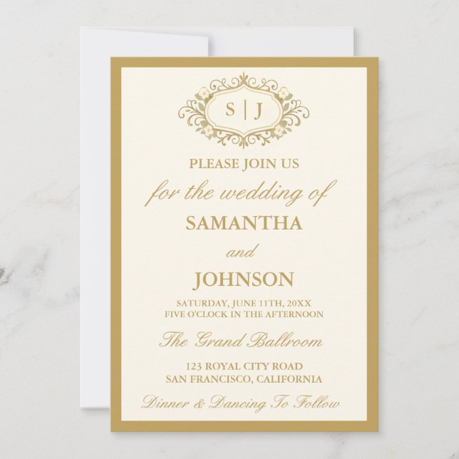 Convite de Casamento Marfim Antigo Monograma Sala  (Frente)